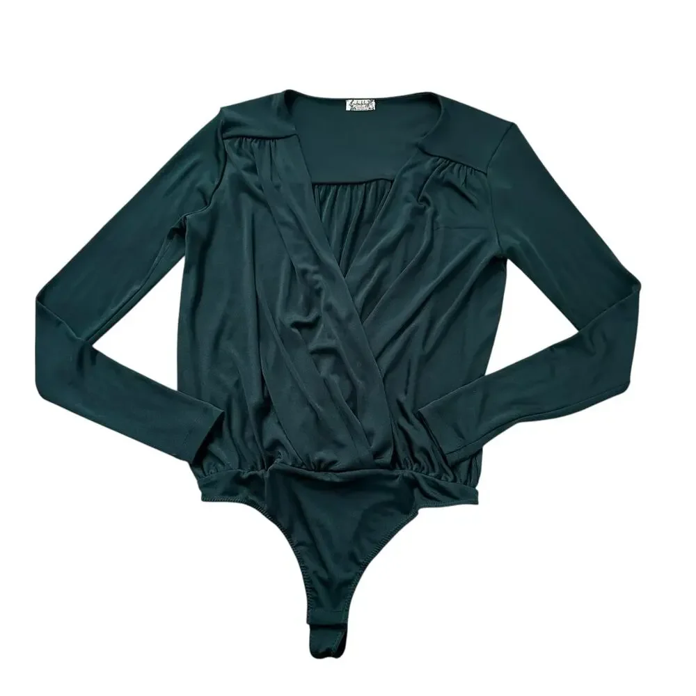 Free People Intimately dark green long sleeve v-neck bodysuit size M